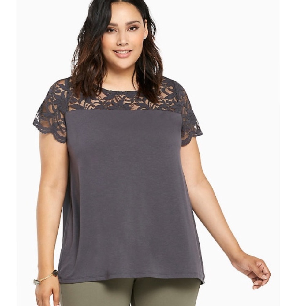 Torrid Grey Shirt with Lace Top and Chiffon Back